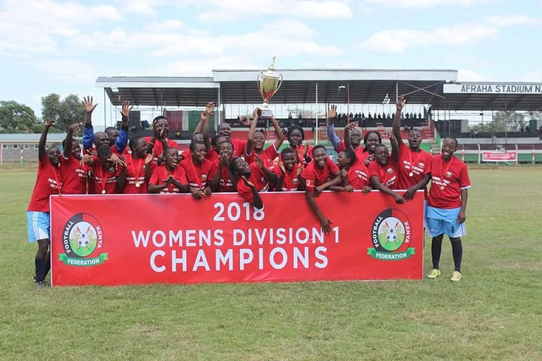 2018 FKF Women Divison One League champions, Nyuki Starlets during their crowning at Afraha Stadium in Nakuru on  January 30,2019.PHOTO/FKF