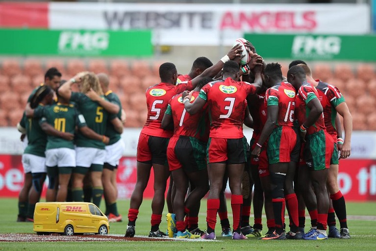   Kenya team huddle before the game against South Africa on day one of the HSBC World Rugby Sevens Series in Hamilton on 26 January, 2019. Photo credit: PHOTO/ World Rugby