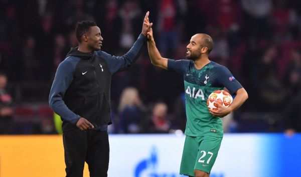   Lucas Moura (right) cheers their UEFA Champions League semi final victory with Victor Wanyama after Tottenham Hotspur FC beat Ajax Amsterdam FC 3-2 at the Johan Cruyff Arena on Wednesday, May 8, 2019. PHOTO/AFP