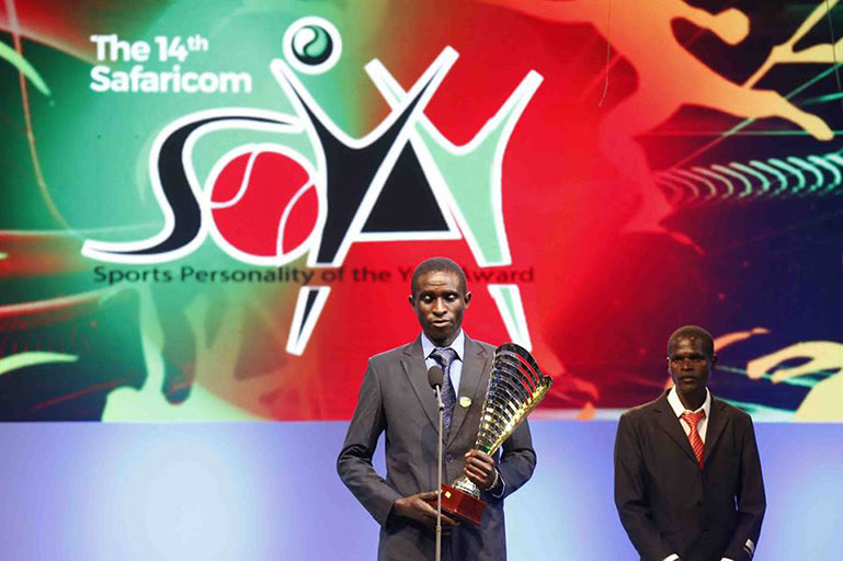   Samuel Muchai when he was crowned the 2017 Safaricom Sports Personality of the Year Awards (Soya) winner in Nairobi on January 18, 2018.PHOTO/SPN