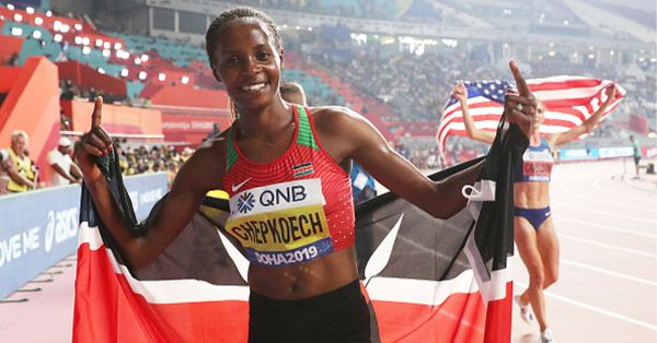 Beatrice Chepkoech of Kenya celebrates winning gold in the Women's 3000 metres Steeplechase final during day four of 17th IAAF World Athletics Championships Doha 2019 at Khalifa International Stadium on September 30, 2019 in Doha, Qatar. PHOTO/ GERTTY IMAGES