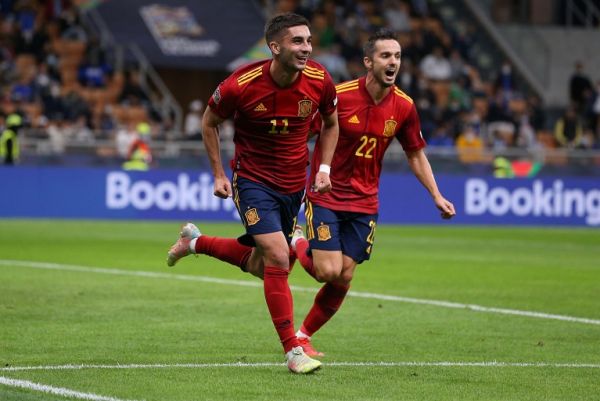  Ferran Torres of Spain celebrates with team mates after scoring to give the side a 1-0 lead during the UEFA Nations League match at Giuseppe Meazza, Milan. PHOTO | Alamy