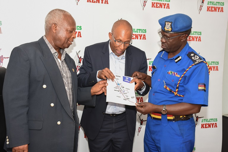 From Left- Athletics Kenya President Rt. Gen Jackson Tuwei, Event Organizer IMG Kenya CEO Peter Gacheru and Joshua Omutata, commissioner Kenya Police, during the Beyond Zero Half Marathon Media Briefing at Riadha House on 6th March 2019. PHOTO/SPN