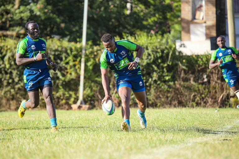  KCB RFC player makes a try during their 50-3 routing of Nairobi University Mean Machine in Kenya Cup at the Den on January 12, 2019.PHOTO/KCB
