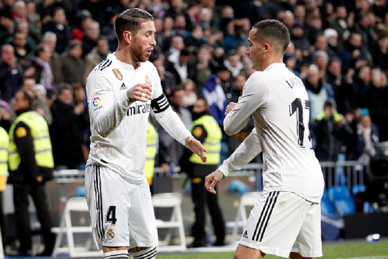 (L-R) Sergio Ramos of Real Madrid, Lucas Vazquez of Real Madrid celebrate goal during the Spanish Copa del Rey match between Real Madrid v Girona at the Santiago Bernabeu on January 24, 2019 in Madrid Spain.PHOTO/GETTY IMAGES