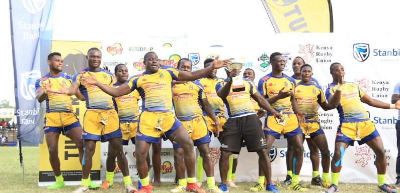  Leaders Homeboyz RFC celebrates after winning the third leg of National Rugby Sevens Circuit, Kabeberi Sevens, at Kenyatta Stadium in Machakos on August 19, 2018.PHOTO/Kenya Rugby Union 