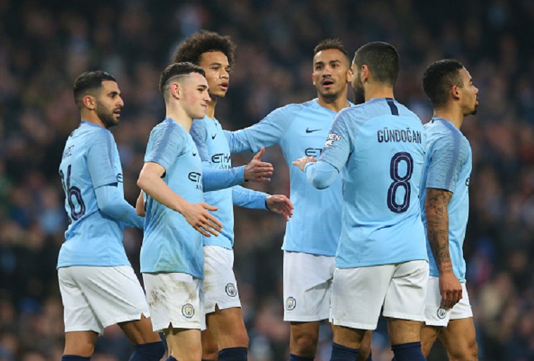  Leroy Sane of Manchester City celebrates with teammates after scoring his team's seventh goal during the FA Cup Third Round match between Manchester City and Rotherham United at the Etihad Stadium on January 6, 2019 in Manchester, United Kingdom. PHOTO/GettyImages