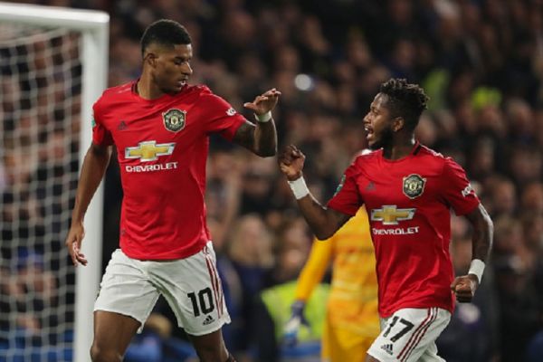 Marcus Rashford of Manchester United celebrates after scoring a goal to make it 0-1 during the Carabao Cup Round of 16 match between Man United and Chelsea at Stamford Bridge on October 30, 2019 in London, England. PHOTO/ GETTY IMAGES