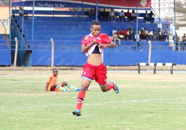  Mwanahalima Adam celebrates her goal during Kenya versus Ethiopia friendly encounter at Kenyatta Stadium in Machakos on August 17, 2019. PHOTO/ FKF