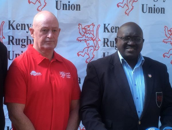  New Zealander Paul Feeney (left) during his unveiling at the KRU offices in Nairobi as Kenya’s national technical director of rugby on September 20, 2019. PHOTO/ KRU