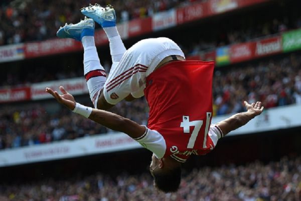  Pierre-Emerick Aubameyang of Arsenal celebrates after scoring his team's second goal during the Premier League match between Arsenal FC and Burnley FC at Emirates Stadium on August 17, 2019 in London, United Kingdom. PHOTO/ GETTY IMAGES