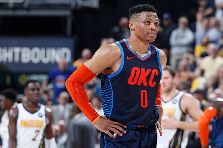  Russell Westbrook #0 of the Oklahoma City Thunder reacts in the fourth quarter of the game against the Indiana Pacers at Bankers Life Fieldhouse on March 14, 2019 in Indianapolis, Indiana. PHOTO/GettyImages