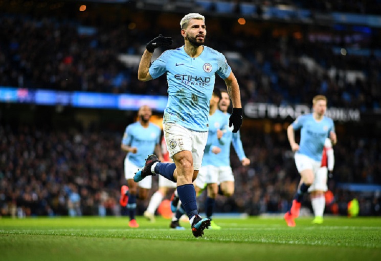  Sergio Aguero of Manchester City celebrates his first goal during the Premier League match between Manchester City and Arsenal FC at Etihad Stadium on February 03, 2019 in Manchester, United Kingdom. PHOTO/GettyImages