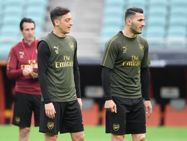 Soccer: Europa League, before the final FC Chelsea - FC Arsenal. Coach Unai Emery (l-r), Mesut Özil and Sead Kolasinac take part in the final training of FC Arsenal at the Olympic Stadium. The final of the Europa League between FC Chelsea and FC Arsenal will take place here on 29 May 2019. PHOTO | AFP