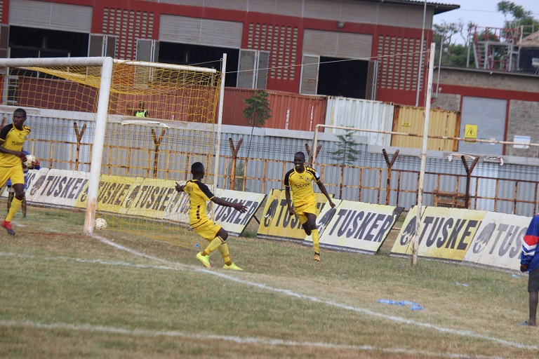 Tusker FC forward, Boniface Muchiri, scores to give his side a 2-1 lead in the 83rd minute against Chemelil FC at Ruaraka Stadium in Nairobi on January 23,2019.PHOTO/TUSKER FC