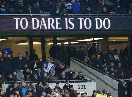 A Board shows To Dare is to Do banner during English Premier League between Tottenham Hotspur and Crystal Palace at Tottenham Hotspur Stadium , London, UK on 03 Apr 2019. PHOTO/AFP