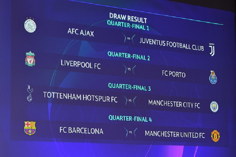 A view of the draw results as shown on the big screen following the UEFA Champions League 2018/19 Quarter-final, Semi-final and Final draws at the UEFA headquarters, The House of European Football on March 15, 2019 in Nyon, Switzerland. PHOTO/GettyImages