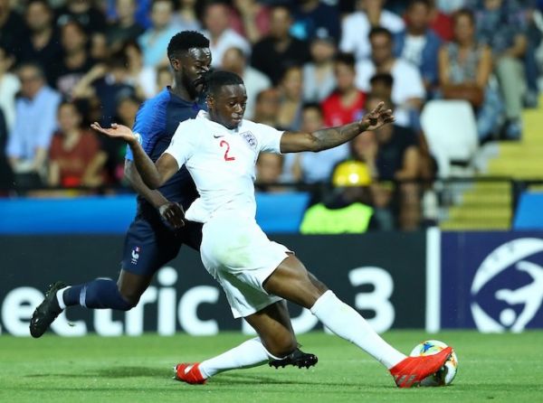 Aaron Wan-Bissaka of England and Jonathan Bamba of France during the UEFA Under 21 Championship Group C match England v France at the Dino Manuzzi Stadium in Cesena,Italy on June 18, 2019. PHOTO/AFP