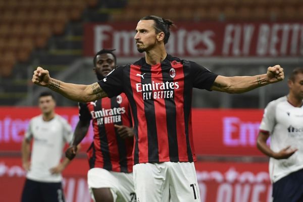 AC Milan's Swedish forward Zlatan Ibrahimovic celebrates after scoring his team's second goal on a penalty kick during the Italian Serie A football match AC Milan vs Bologne at the San Siro stadium in Milan on September 21, 2020. PHOTO | AFP