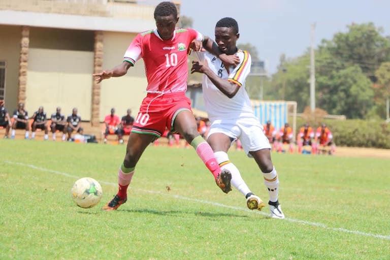 Action between Kenya Under 17 (left) and Uganda Under 17 in Nairobi on Tuesday, April 2, 2019. PHOTO/Football Kenya Federation