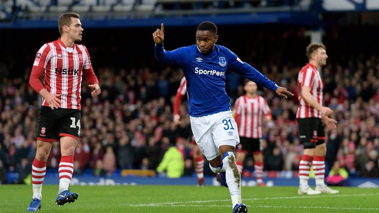 Ademola Lookman celebrates scoring for Everton FC against Lincoln City in their FA Cup third round clash at Goodison Park on Saturday, January 5, 2018. PHOTO/Everton FC