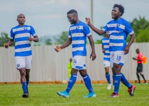 AFC Leopards SC players celebrate after John Mark Makwatta scored one of his three goals against Zoo FC at the Bukhungu Stadium on Saturday, January 4 2020. PHOTO | Courtesy