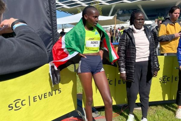 Agnes Ngetich Jebet relaxes after winning the 10km title at the 2024 Adizero race records in Germany. PHOTO/Boston Marathon pro