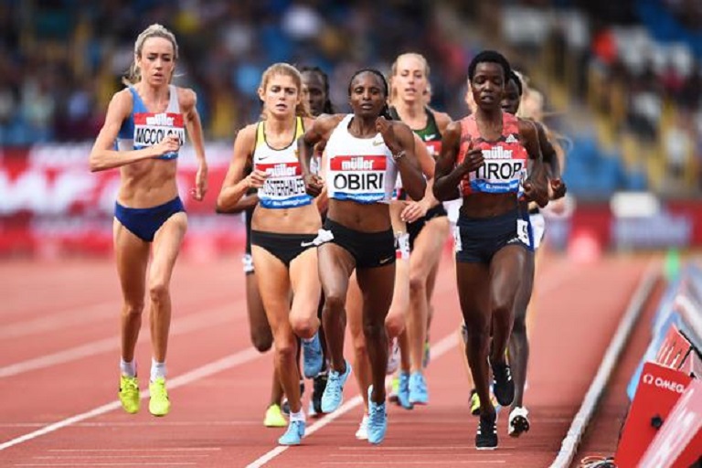 Agnes Tirop and Hellen Obiri lead the 3000m at the IAAF Diamond League meeting in Birmingham.PHOTO/ GETTY IMAGES