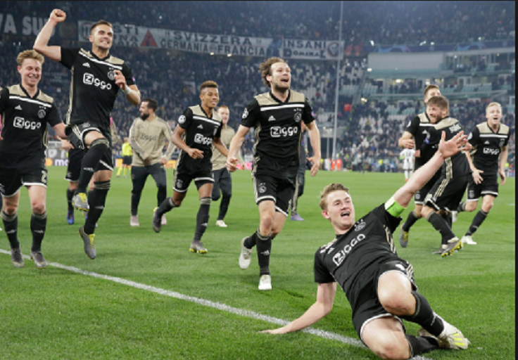 Ajax players celebrate after the victory over Juventus in the UEFA Champions League quarters. PHOTO/GulfNews