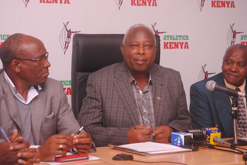 AK President, Lt. Gen (Rtd) Jack Tuwei (centre) flanked by his vice president, Paul Mutwii (right) and Honorary Treasurer, David Miano. PHOTO/File