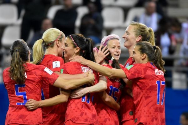 Alex Morgan of USA celebrates her goal with Megan Rapinoe of USA and her teammates during the FIFA Women's World Cup France 2019, Group F football match between USA and Thailand on June 11, 2019 at Auguste Delaune stadium in Reims, France. PHOTO/AFP