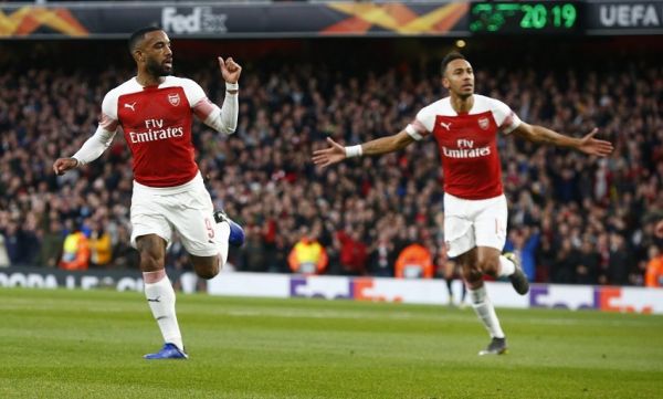 Alexandre Lacazette of Arsenal celebrate his goal with Pierre-Emerick Aubameyang of Arsenal during UEFA Europa League Semi- Final 1st Leg between Arsenal and Valencia at Emirates stadium , London, United Kingdom on 02nd May 2019. PHOTO | AFP