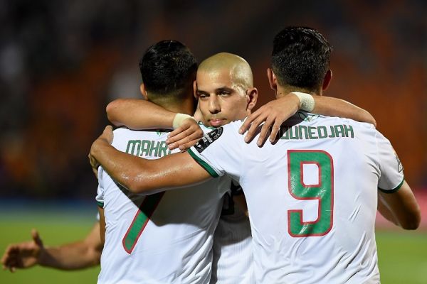 Algeria's forward Riyad Mahrez (L), Algeria's midfielder Sofiane Feghouli and Algeria's forward Baghdad Bounedjah celebrate their opening goal during the 2019 Africa Cup of Nations (CAN) Semi-final football match between Algeria and Nigeria at the Cairo International stadium in Cairo on July 14, 2019. PHOTO | AFP
