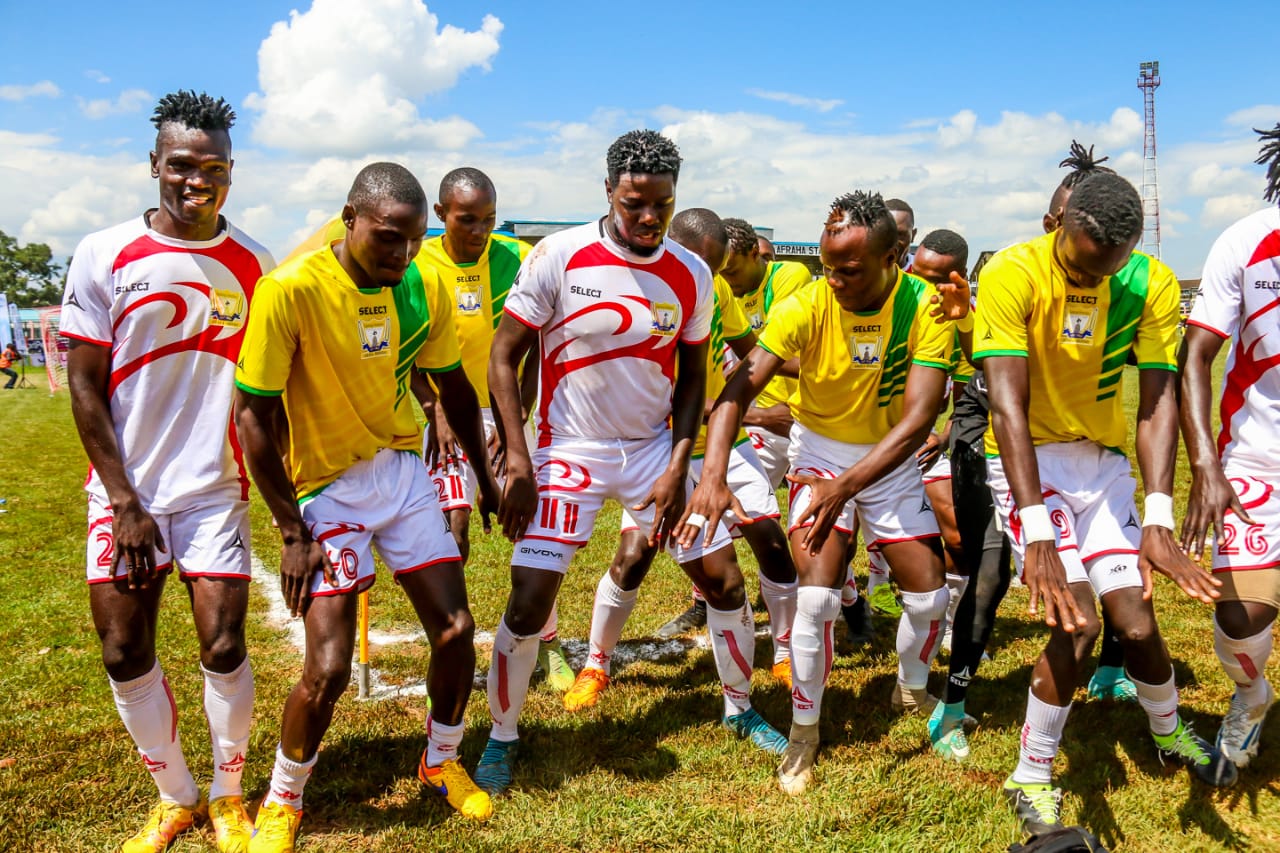Allan Wanga (3rd left) leads his Kakamega Homeboyz FC teammates in performing the 'Wanga Musica' dance when he scored against Yanga SC in the quarterfinals of the 2018 SportPesa Cup. PHOTO/File
