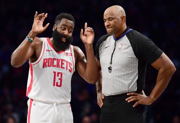 ames Harden #13 of the Houston Rockets talks to official Marat Kogut during the first half of their game against the Brooklyn Nets at Barclays Center on November 01, 2019 in the Brooklyn borough New York City. PHOTO | AFP