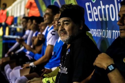 Argentine legend Diego Maradona, coach of Mexican second-division club Dorados, looks on during a football match against Venados de Merida, in Culiacan, Sinaloa State, Mexico, on April 5, 2019. PHOTO/AFP