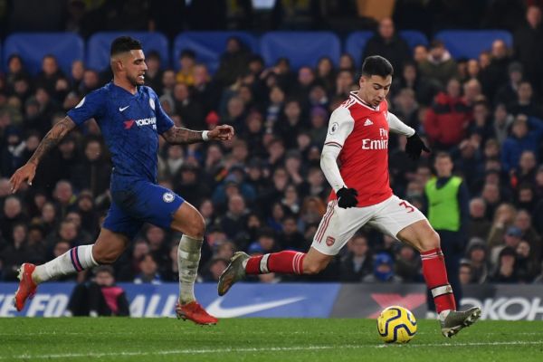 Arsenal's Brazilian striker Gabriel Martinelli (R) scores their first goal to equalise 1-1 during the English Premier League football match between Chelsea and Arsenal at Stamford Bridge in London on January 21, 2020. PHOTO | AFP