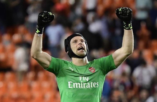 Arsenal's Czech goalkeeper Petr Cech celebrates at the end of the UEFA Europa League semi-final second leg football match between Valencia CF and Arsenal FC at the Mestalla stadium in Valencia on May 9, 2019. PHOTO/AFP