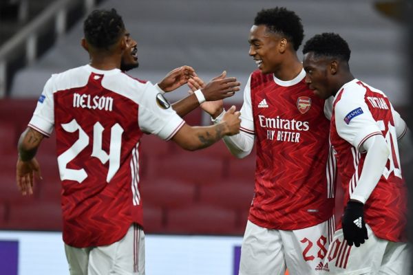 Arsenal's English midfielder Joe Willock (2R) celebrates with teammates after he scores his team's second goal during the UEFA Europa League 1st round day 2 Group B football match between Arsenal and Dundalk at the Emirates Stadium in London on October 29, 2020. PHOTO | AFP