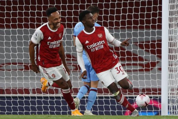 Arsenal's English striker Eddie Nketiah (R) celebrates scoring their second goal during the English Premier League football match between Arsenal and West Ham United at the Emirates Stadium in London on September 19, 2020. PHOTO | AFP