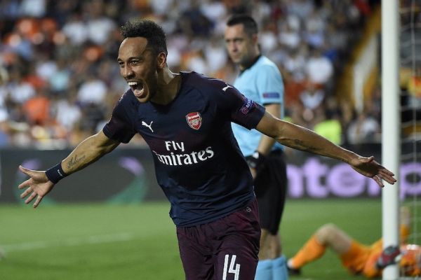 Arsenal's Gabonese striker Pierre-Emerick Aubameyang celebrates after scoring his team's third goal during the UEFA Europa League semi-final second leg football match between Valencia CF and Arsenal FC at the Mestalla stadium in Valencia on May 9, 2019. PHOTO/AFP