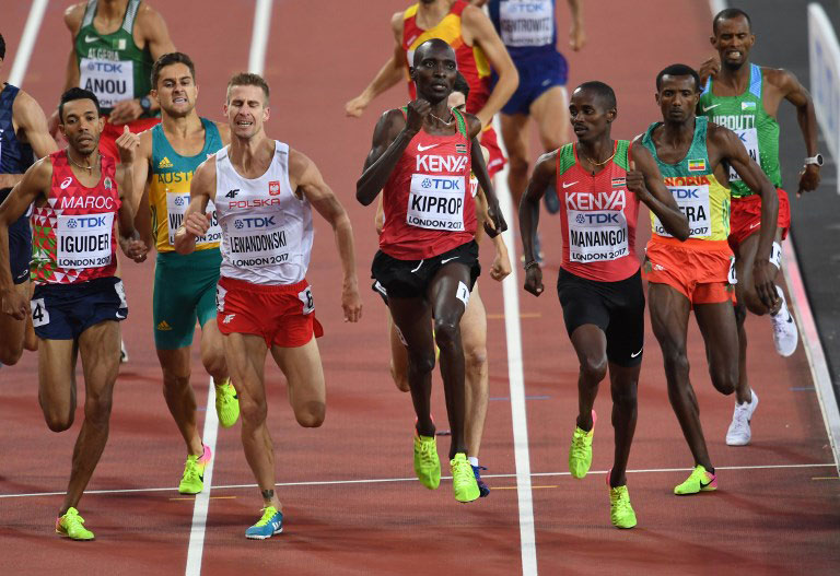 Asbel Kiprop (centre) at the London 2017 IAAF World Championships. PHOTO/File