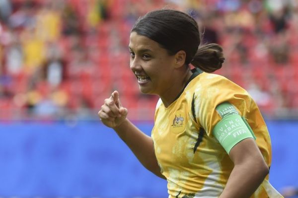 Australia's forward Samantha Kerr celebrates after scoring a goal during the France 2019 Women's World Cup Group C football match between Australia and Italy, on June 9, 2019, at the Hainaut Stadium in Valenciennes, northern France. PHOTO/AFP