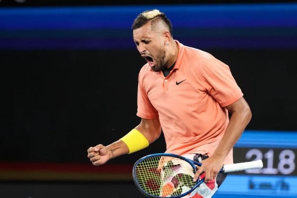 Australia's Nick Kyrgios celebrates after victory against France's Gilles Simon during their men's singles match on day four of the Australian Open tennis tournament in Melbourne on January 23, 2020. PHOTO | AFP