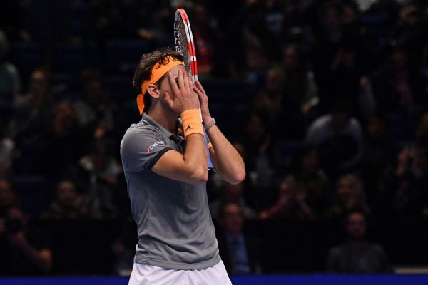Austria's Dominic Thiem celebrates his straight sets victory over Germany's Alexander Zverev in the men's singles semi-final match on day seven of the ATP World Tour Finals tennis tournament at the O2 Arena in London on November 16, 2019. PHOTO | AFP