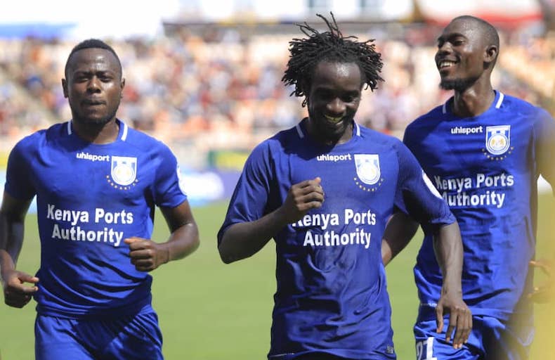 Bandari FC midfielder, William Wadri (centre) leads his teammates in celebrating his goal in their 2019 SportPesa Cup semi final against Simba SC at the National Main Stadium, Dar-es-Salaam on January 25, 2019. PHOTO/SPN