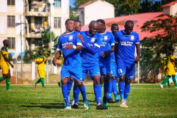 Bandari new signing Whyvonne Isuza celebrates with his teammates after scoring against Mathare United at the Mbaraki Stadium. PHOTO | Bandari FC Twitter
