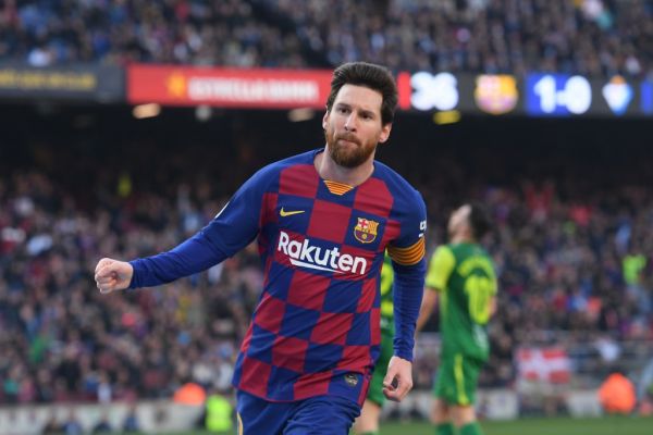 Barcelona's Argentine forward Lionel Messi celebrates after scoring during the Spanish league football match FC Barcelona against SD Eibar at the Camp Nou stadium in Barcelona on February 22, 2020. PHOTO | AFP