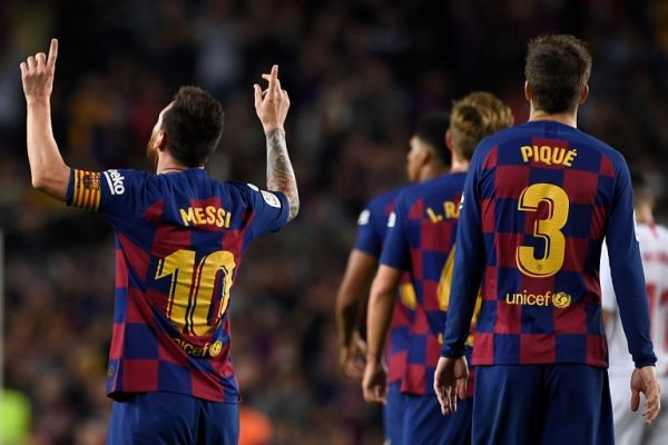 Barcelona's Argentine forward Lionel Messi celebrates his goal during the Spanish league football match between FC Barcelona and Sevilla FC at the Camp Nou stadium in Barcelona on October 6, 2019. PHOTO | AFP