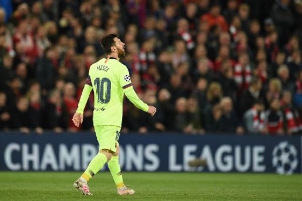Barcelona's Argentinian striker Lionel Messi reacts after losing the UEFA Champions league semi-final second leg football match between Liverpool and Barcelona at Anfield in Liverpool, north west England on May 7, 2019. PHOTO/AFP